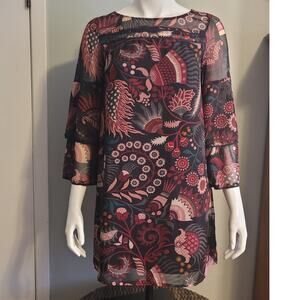 LOFT Womens Paisley Boho Shift Dress Size XS Red Black Long Sleeve Fall